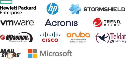 Logos de nos partenaires : HPE, HP, Stormshield, VMware, Acronis, Trend Micro, MDaemon, Cisco, Aruba, Teldat, MailStore et Microsoft